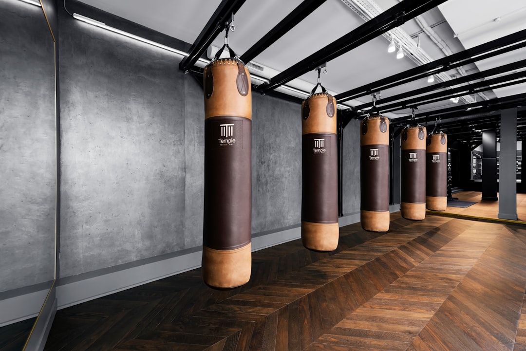 Row of heavy bags in a Muay Thai gym, interior view of a boxing training facility