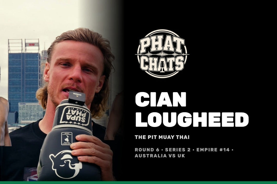 Phat Chats Round 6 tile for Cian Lougheed of The Pit Muay Thai, Perth skyline behind him, Supa Phat glove in hand