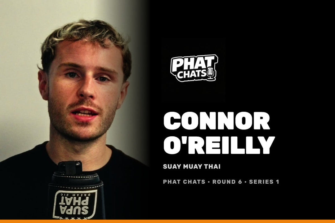 Phat Chats Series 1 tile for Connor O'Reilly of Suay Muay Thai: Connor mid-answer on the left, Phat Chats logo, name and club on black