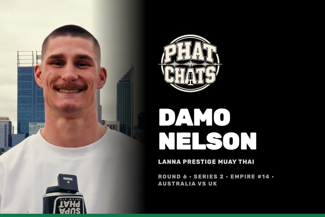 Phat Chats Round 6 tile for Damo Nelson of Lanna Prestige Muay Thai, Perth skyline behind him, Supa Phat glove in hand