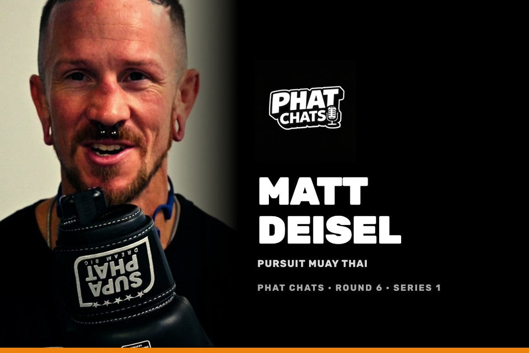 Phat Chats Series 1 tile for Matt Deisel of Pursuit Muay Thai: Matt mid-answer with the Supa Phat glove mic, logo, name and club on black