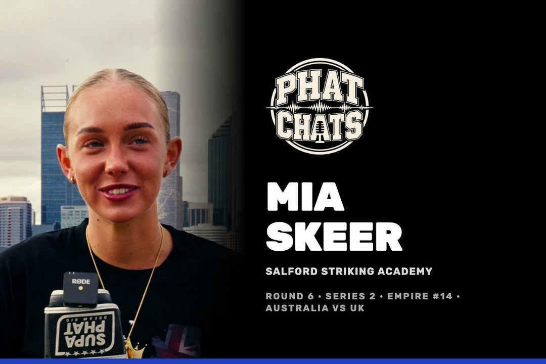 Phat Chats Round 6 tile for Mia Skeer of Salford Striking Academy, Perth skyline behind her, Supa Phat glove in hand