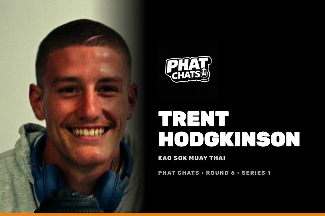Phat Chats Series 1 tile for Trent Hodgkinson of Kao Sok Muay Thai, grey hoodie and headphones, Phat Chats logo on black