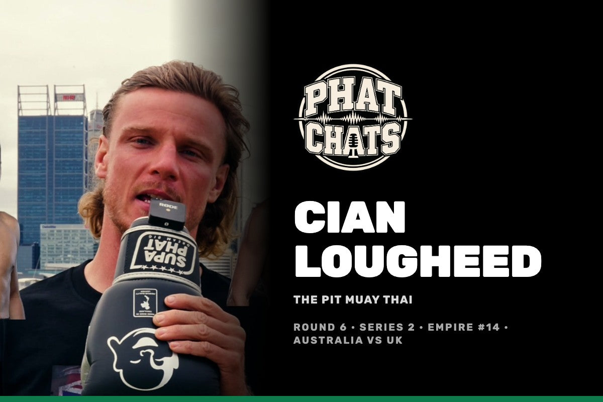Phat Chats Round 6 tile for Cian Lougheed of The Pit Muay Thai, Perth skyline behind him, Supa Phat glove in hand