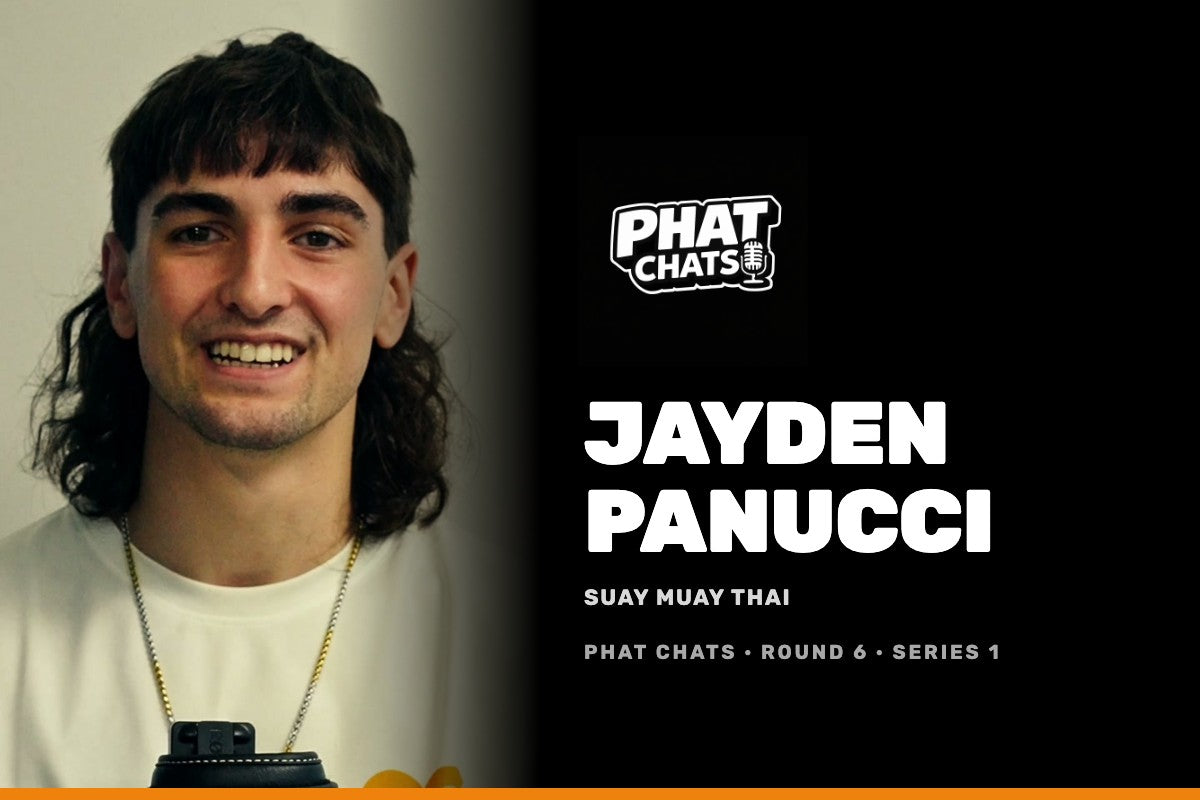 Phat Chats Series 1 tile for Jayden Panucci of Suay Muay Thai, mid-answer in a white tee, with the Phat Chats logo, name and club on black