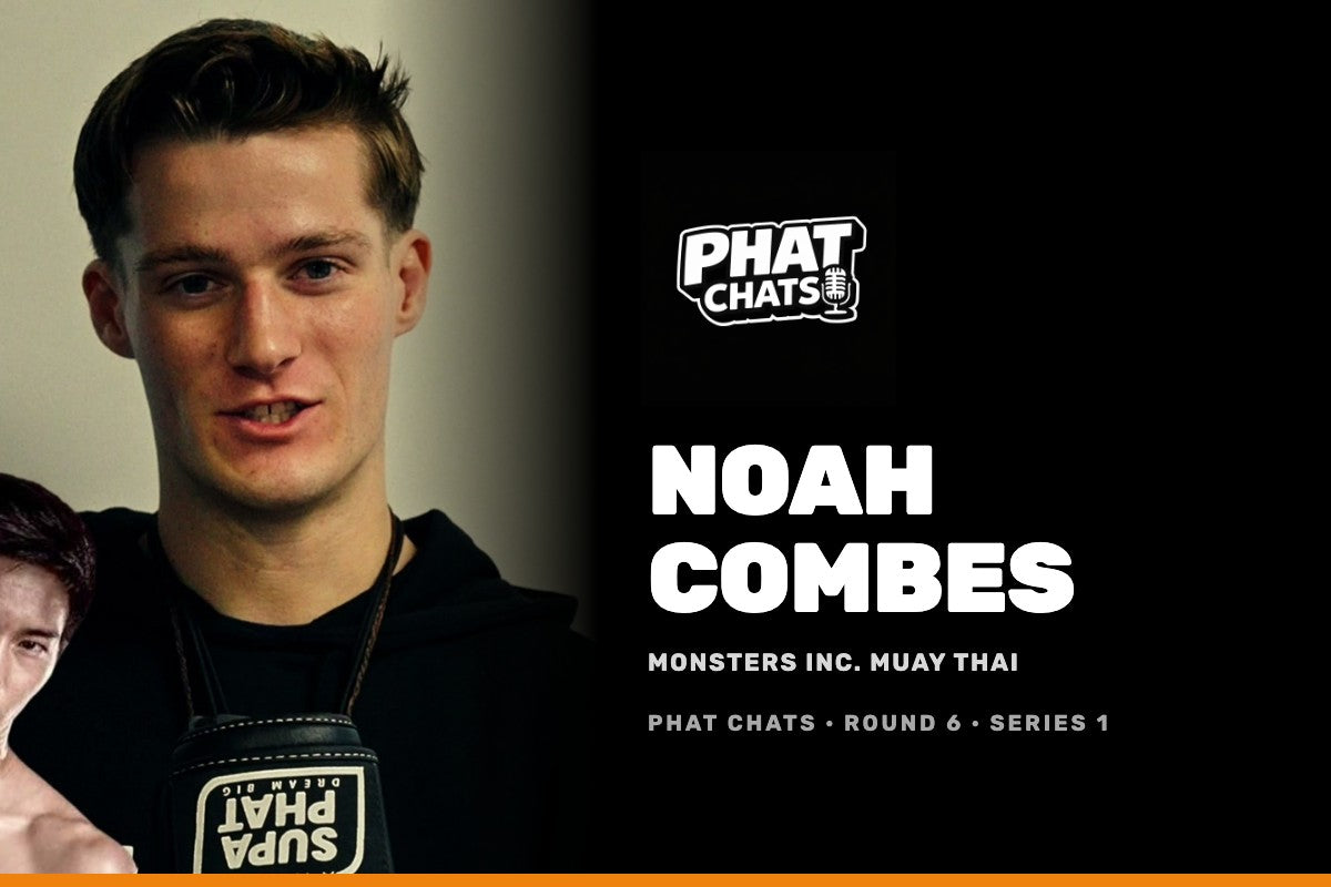 Phat Chats Series 1 tile for Noah Combes of Monsters Inc. Muay Thai, mid-answer in a black hoodie, Supa Phat glove in frame