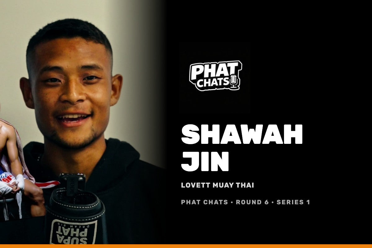 Phat Chats Series 1 tile for Shawah Jin of Lovett Muay Thai, black hoodie, mid-answer, Supa Phat glove in frame, Phat Chats logo on black